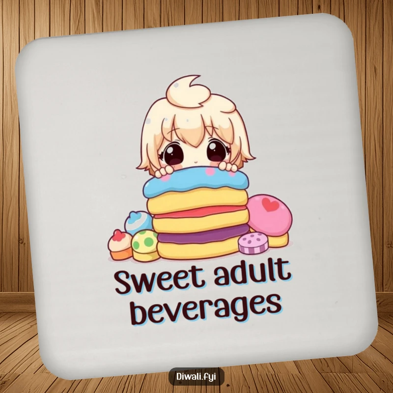 Funny drink coaster with a surprised character peeking from behind a colorful array of sweets, adding humor to any table setting.
