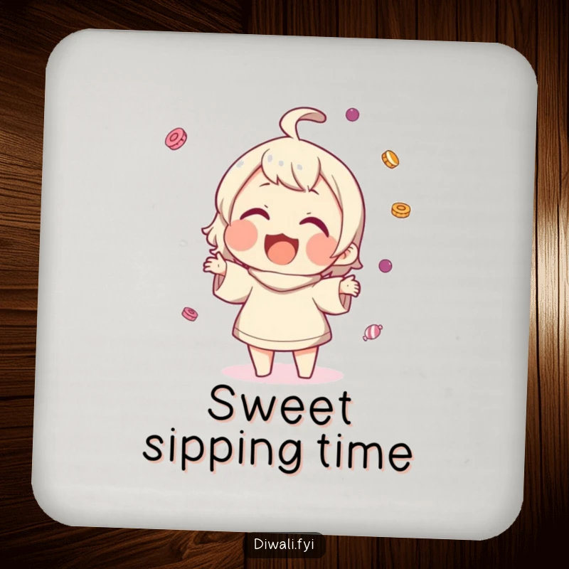 Funny drink coaster showing a character gleefully tossing small sweets, smiling widely, adding a sweet touch.