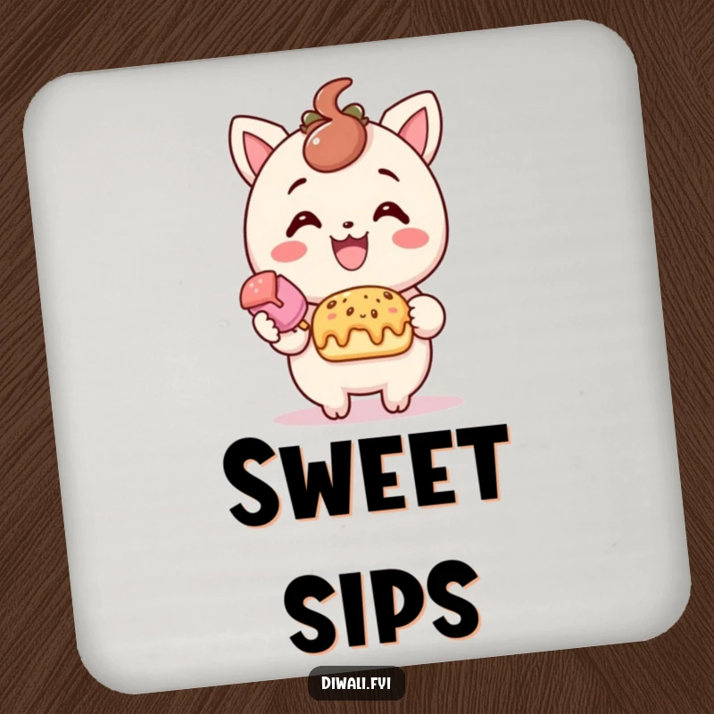 Funny treat offering coaster set, delighted character offering sweet treat with smile, cheerful drink accessory, sweet home gift.