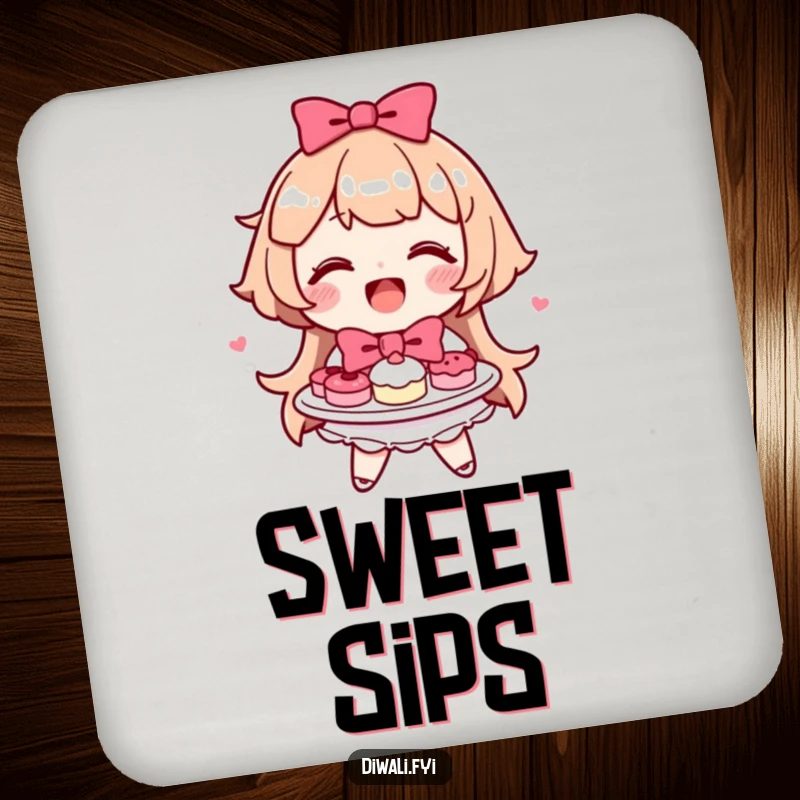 Funny happy character smiling, offering a plate of sweets with a bow, protecting surfaces.