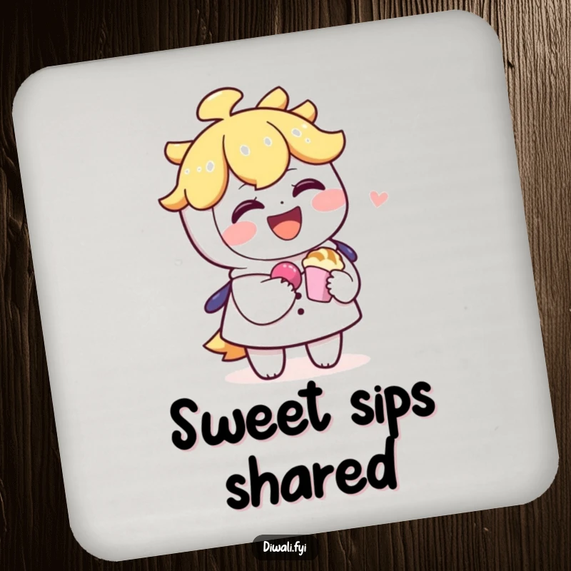 Funny drink coaster featuring a laughing character offering a sweet treat to another, adding a humorous and kind touch.