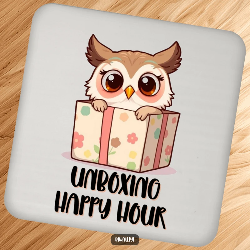 Funny drink coasters featuring a surprised owl peeking from a decorated gift box, adding whimsical charm and humor to surface protection.