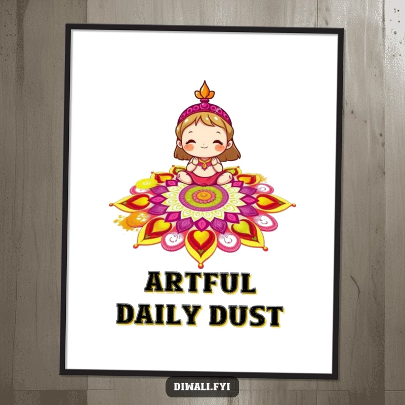 Funny rangoli poster featuring a delighted character meticulously creating a colorful rangoli pattern with bright powders for festive decor.