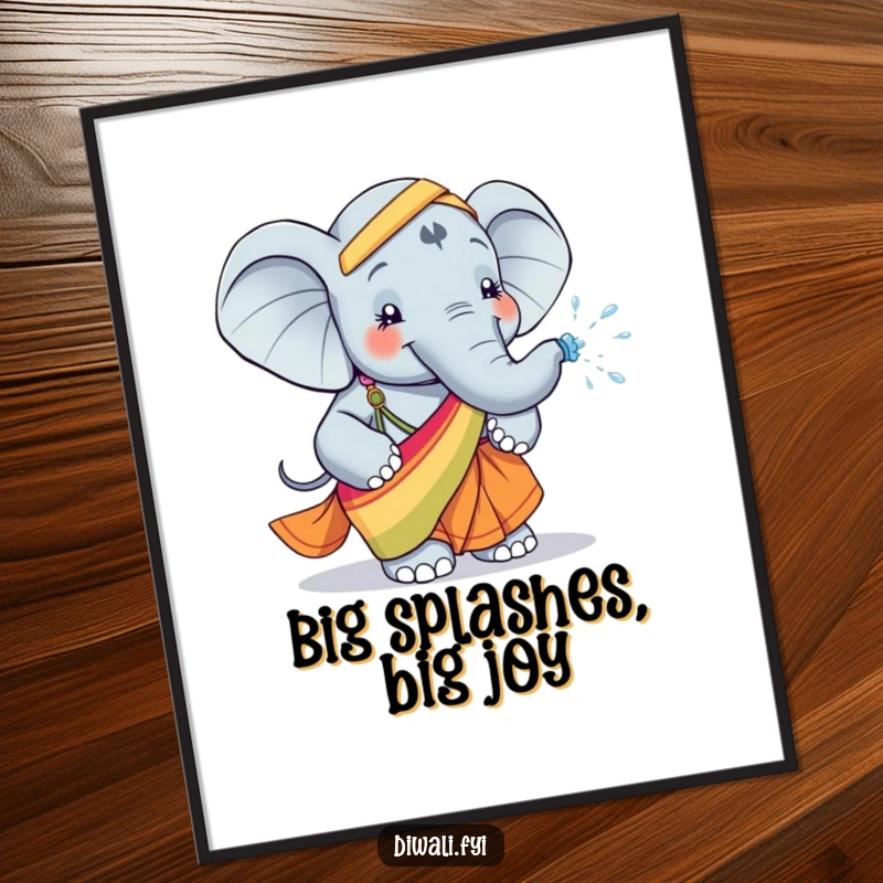 Funny poster print of a happy elephant in a colorful sari, playfully spraying water, bringing vibrant joy and whimsical charm to any wall.
