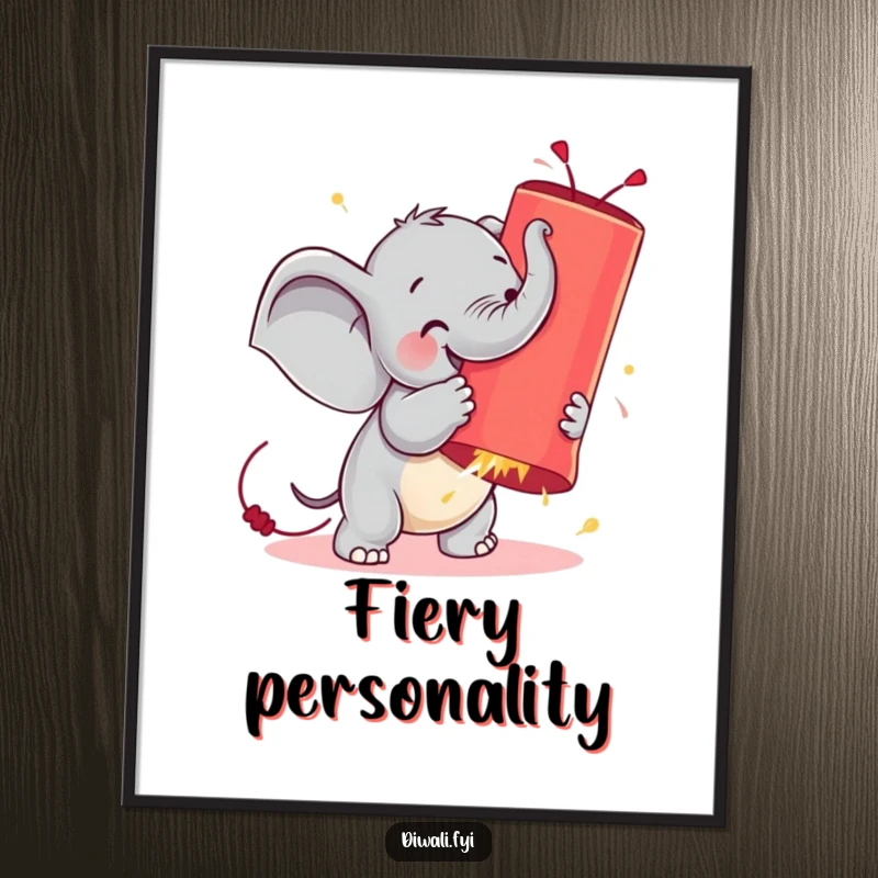 Funny poster art of a small elephant gleefully fighting a giant, bright firecracker, capturing an absurd and humorous moment.