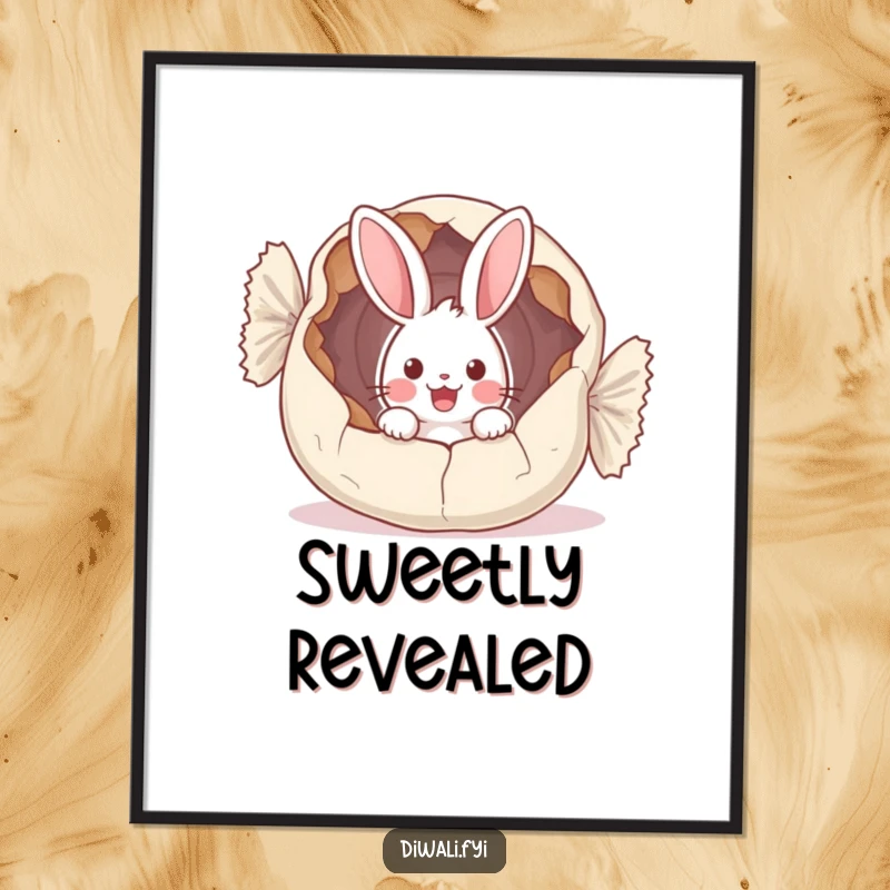 Funny poster art depicting a surprised bunny peeking from inside a monstrous, cracked sweet wrapper, full of comical shock.