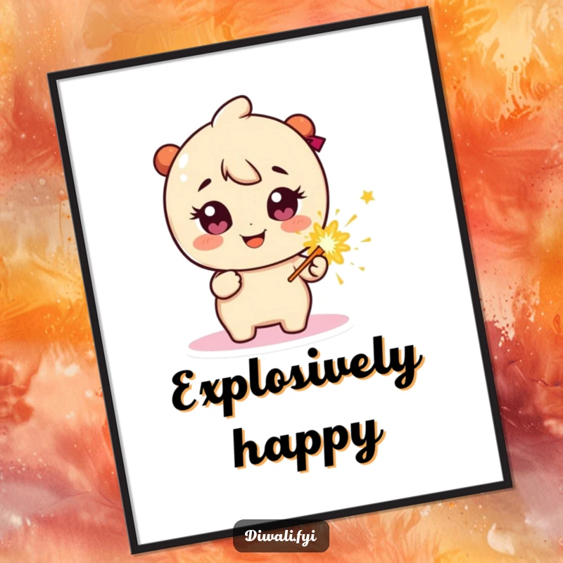 Funny Poster: Happy character with extremely sparkly eyes, holding a firecracker, embodying excitement and celebration.