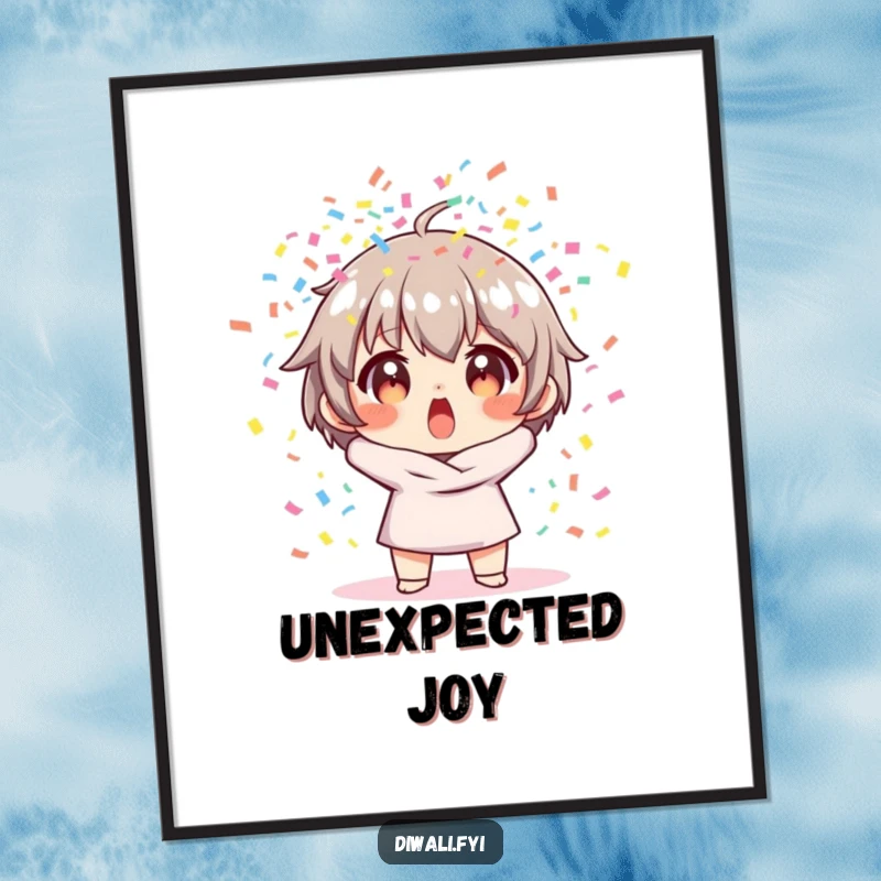 Funny poster art of a character with a shocked expression, surrounded by a vibrant explosion of colorful confetti.
