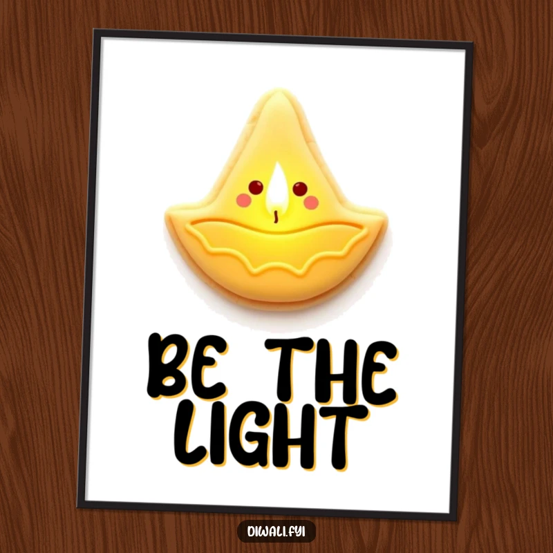 Funny poster of a sugar cookie shaped like a diya lamp, casting a warm, soft, and inviting golden light.
