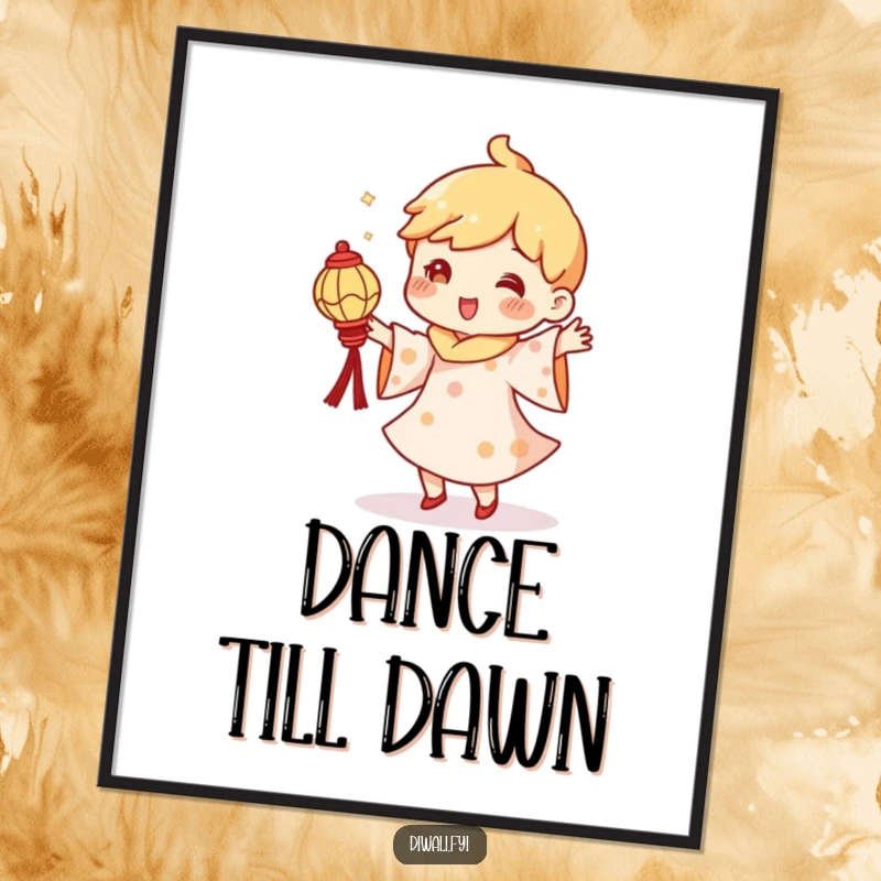 Funny poster illustration of a character in a joyful, silly dance, holding a small, glowing diya lantern.