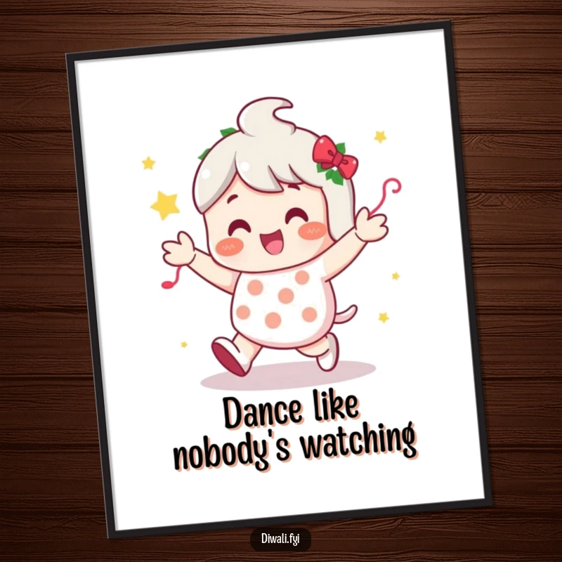 Funny poster art of a character doing a happy shuffle dance surrounded by colorful, festive decorations, exuding pure excitement.