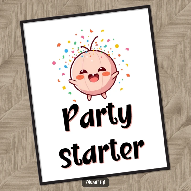 Funny poster showcasing a round, joyful firecracker character erupting with a dazzling display of colorful confetti, festive art.