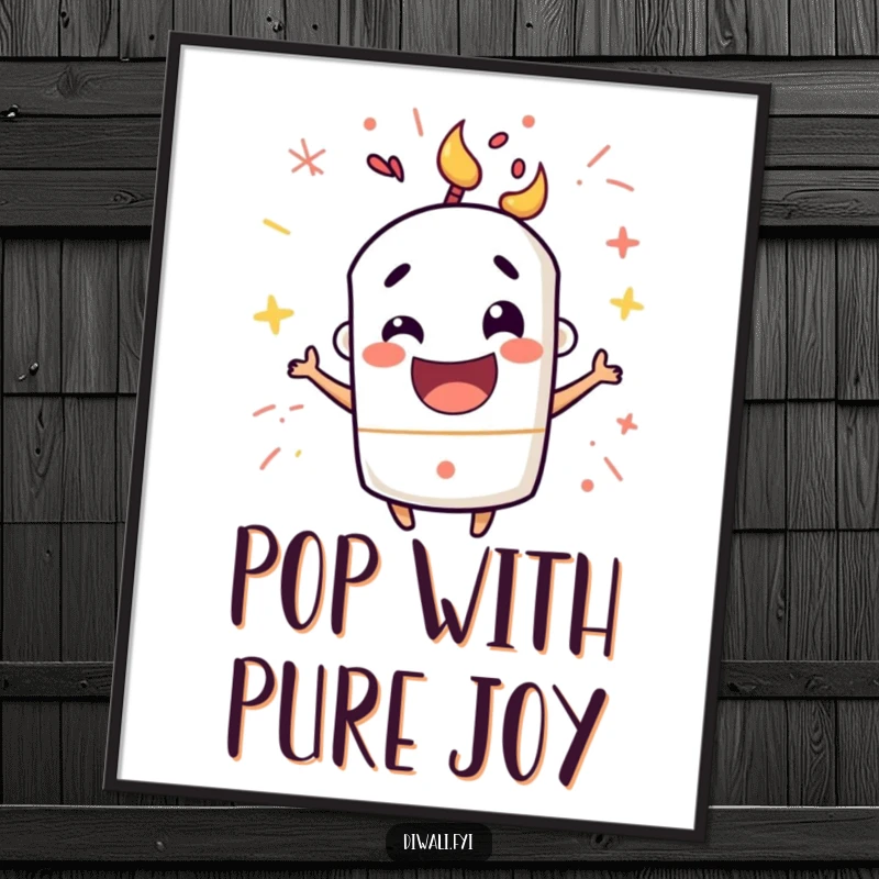 Funny poster art of a mischievous firecracker character popping with happy excitement, bringing dynamic energy and a celebratory vibe.