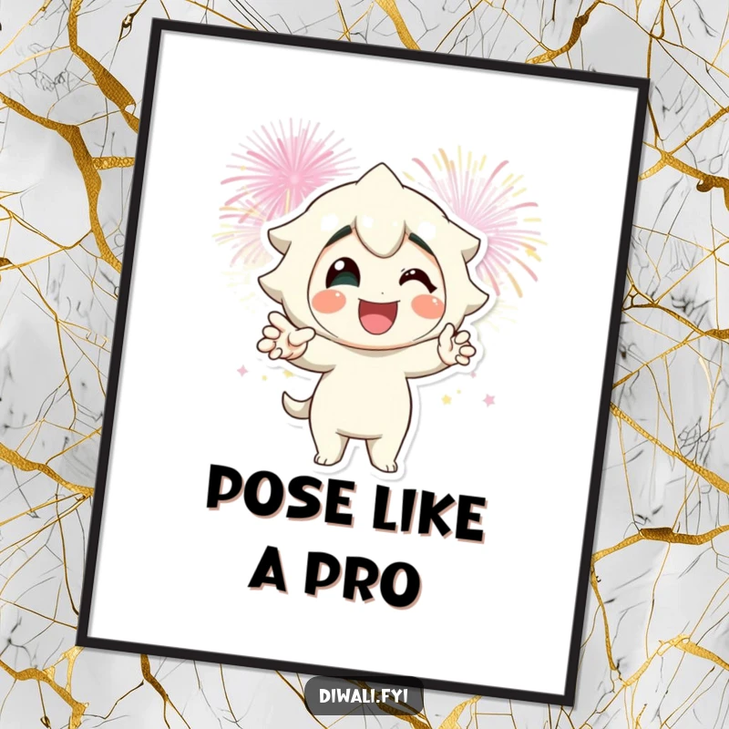 Funny fireworks pose poster of a smiling character striking a pose with fireworks in the background, dynamic wall art.