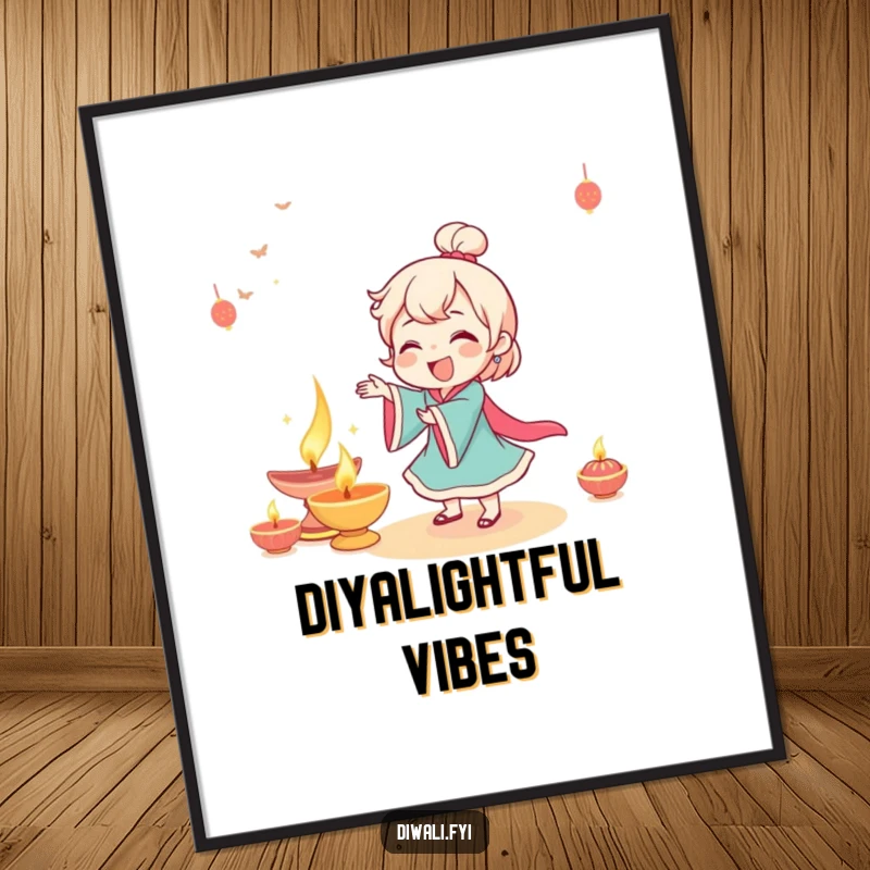 Funny character giggling and dancing joyfully beside a beautifully lit diya, capturing festive movement.