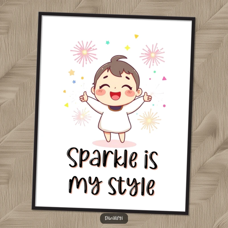 Funny joyful character with a huge smile, juggling multiple colorful sparklers in a dynamic, celebratory pose.