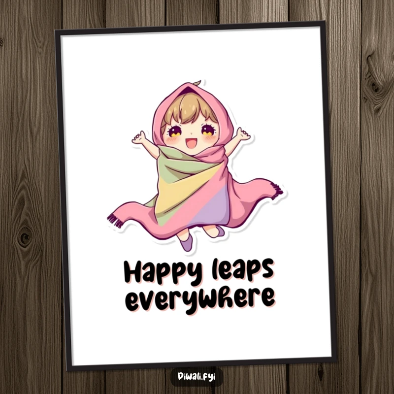 A character joyfully leaping, swathed in vibrant, flowing fabric, humorously captured for dynamic wall art.