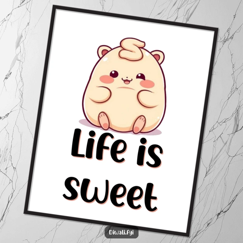 Funny poster of a plump, giggling ladoo character rolling playfully, a charming depiction of sweet joy.