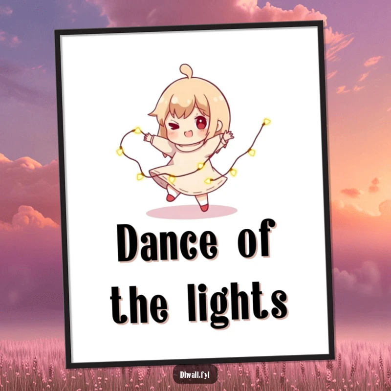 Funny Light Spin Poster: A character joyfully spins with a string of lights, bringing a bright and humorous vibe.