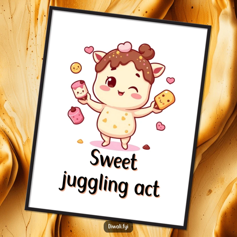 Funny poster showcasing a character juggling colorful mithai, bringing a vibrant and humorous touch of Indian sweets to any wall.