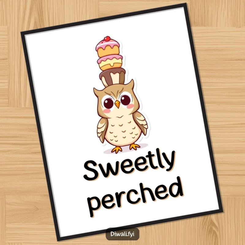 Funny poster art of a happy owl balancing a towering stack of colorful sweet treats on its head, looking quite content.