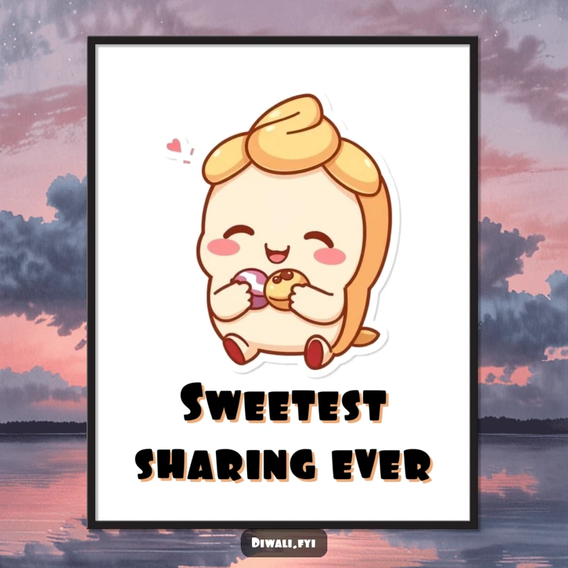 Funny poster art of a giggling sweet pastry character sharing a small treat, bringing a cheerful and heartwarming vibe to any room.