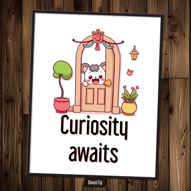 Funny Poster: A curious character excitedly peeks around a decorated door, bringing humorous intrigue.