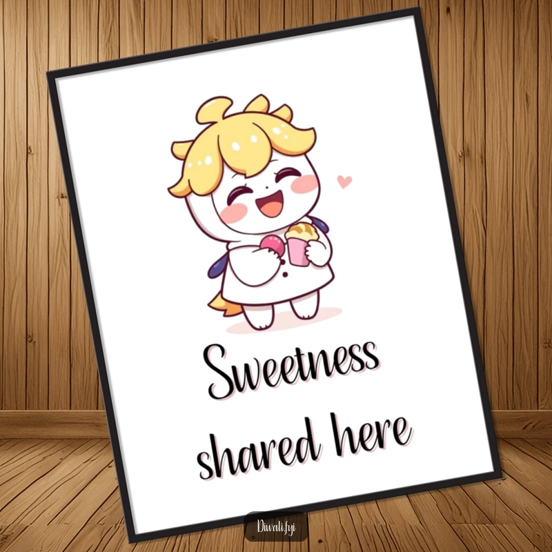 Funny poster print of a joyful character laughing and offering a delicious sweet to another, celebrating connection and kindness.