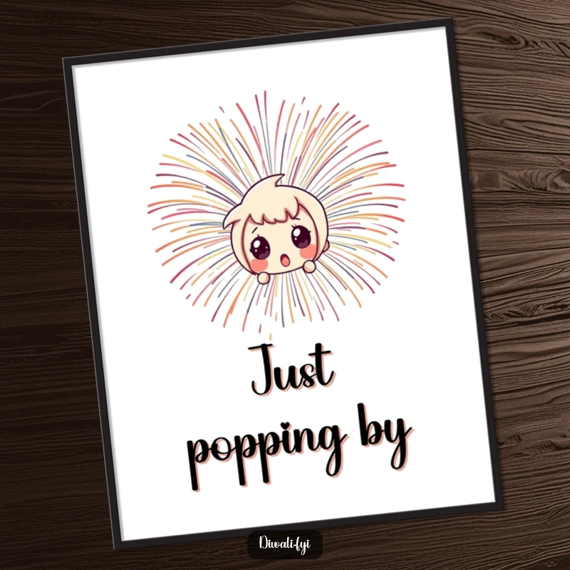 Funny character with shocked expression peeking from behind a massive, colorful burst of fireworks.