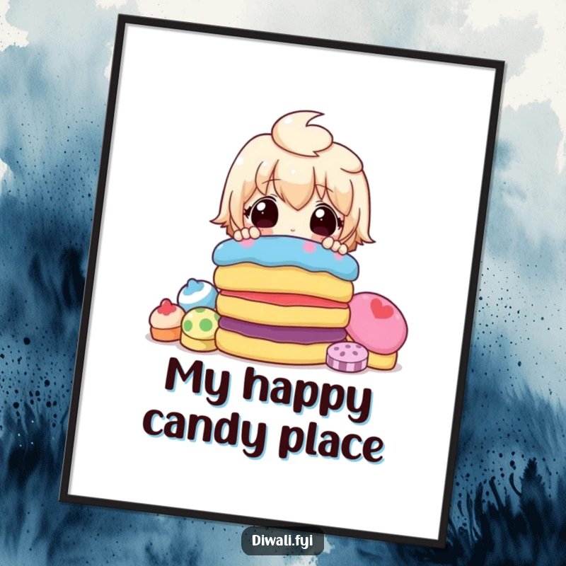 Funny poster print of a cartoon character looking utterly surprised while peeking from behind a large, colorful assortment of tempting sweets.