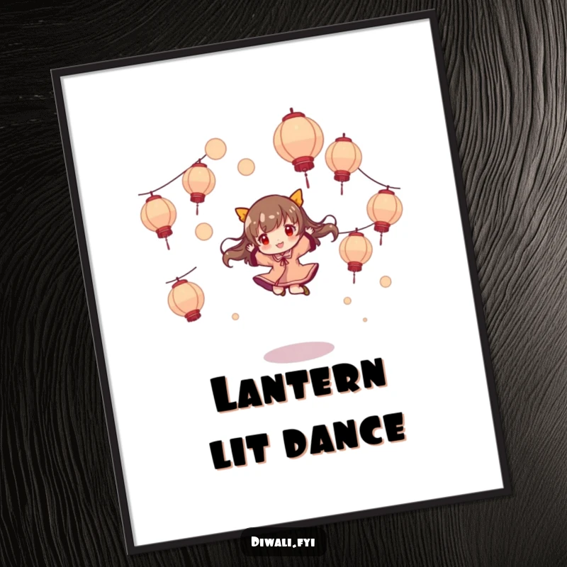 Funny poster, character playfully jumping and twirling, amidst floating lanterns, enchanting wall art for a humorous gift.