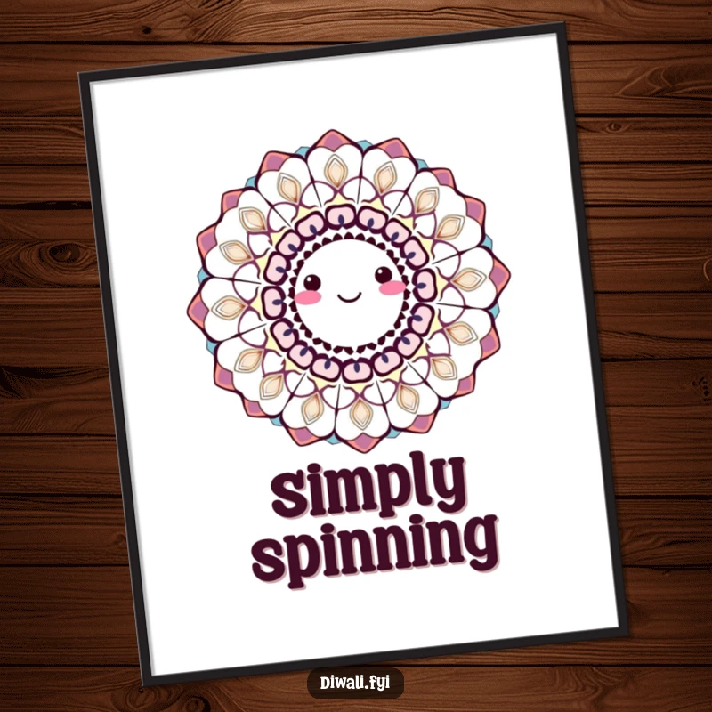 A smiling, spinning rangoli pattern in intricate, bright colors, humorously designed for wall art.