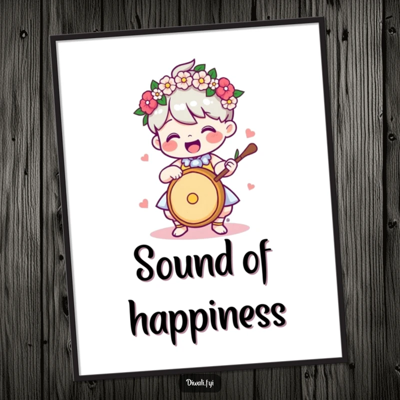 Funny Poster: Delighted character wearing a flower garland, energetically playing a drum, creating a joyful visual rhythm.