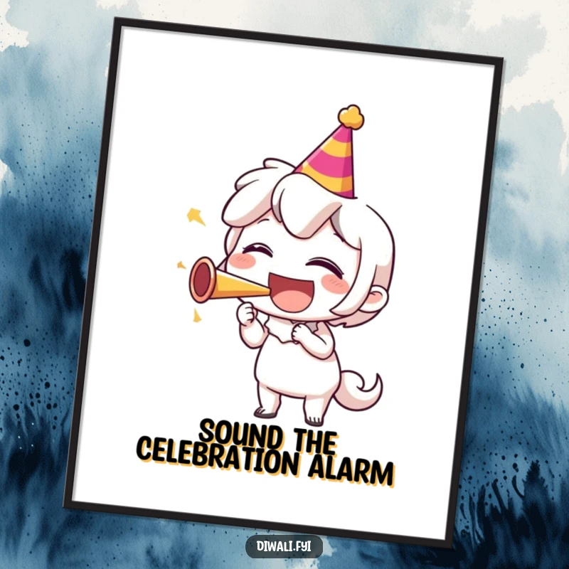 Funny poster of a character erupting in laughter while blowing a party horn, bringing a vibrant and celebratory atmosphere to any wall space.