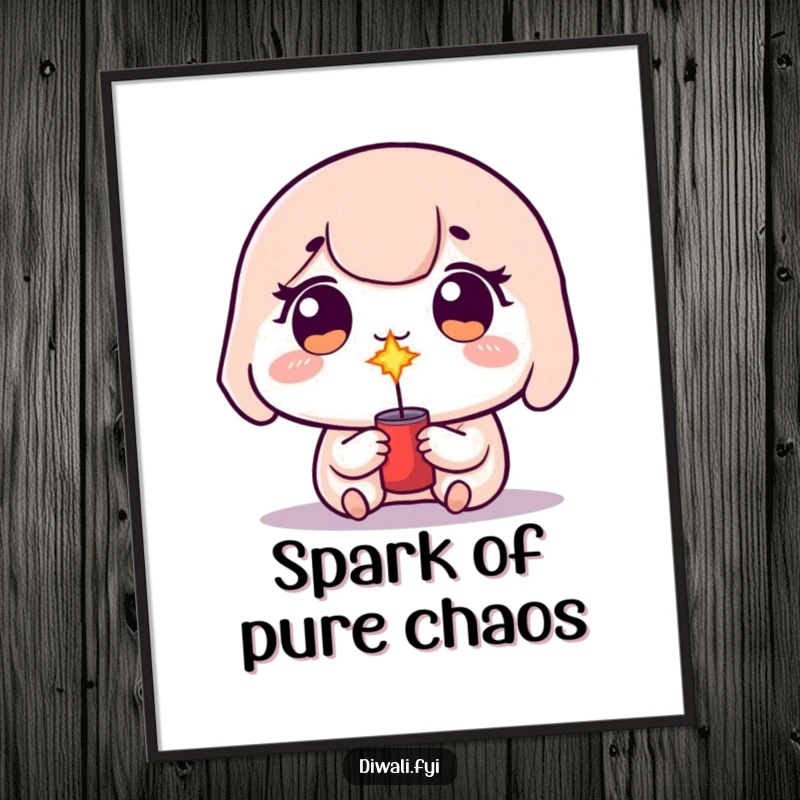 Funny kawaii character with sparkling eyes, holding a lit firecracker creating a small, smoky puff.