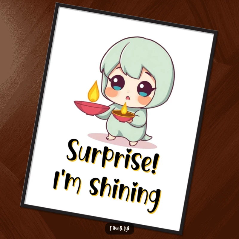 Funny Surprised Diya Poster: Art print of a character with a surprised expression holding a diya lamp. Great funny gift.
