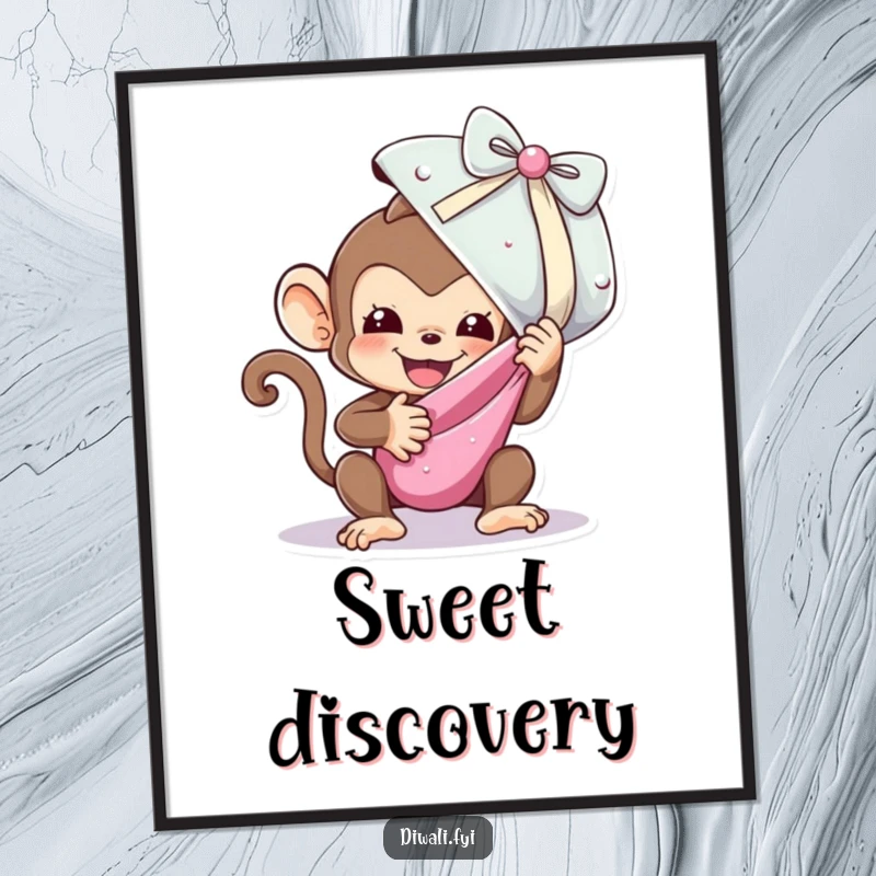 Funny poster art depicting a playful monkey ecstatically unwrapping a huge, sparkling sweet, conveying immense joy.