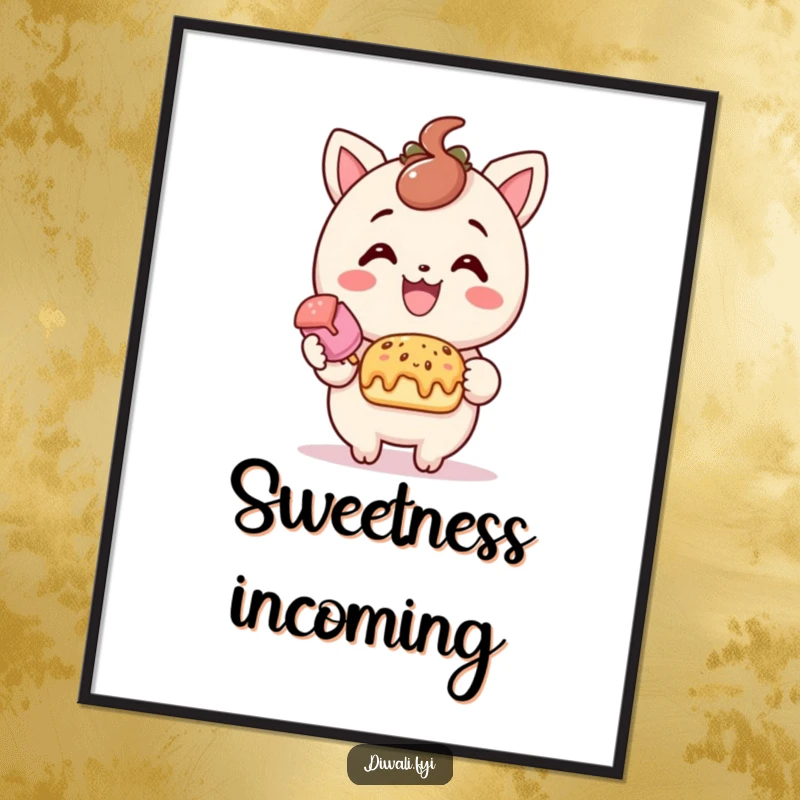 Funny treat offering poster, delighted character offering sweet treat with smile, cheerful wall art, sweet home decor gift.