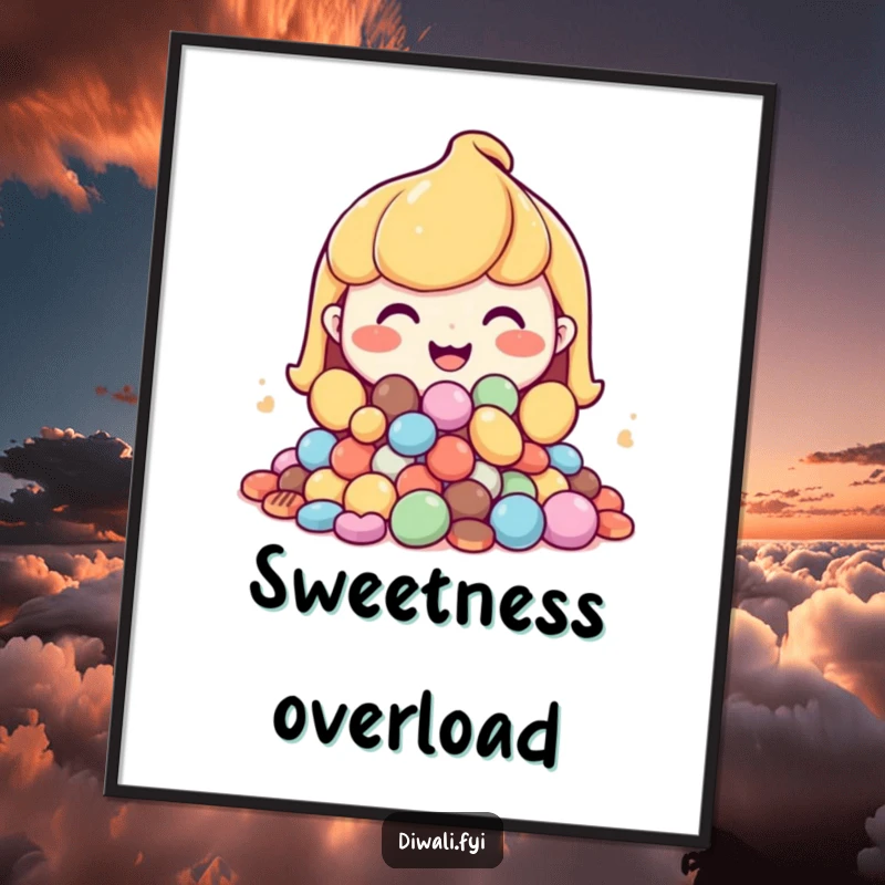 Funny poster of a happy character with a wide grin, presenting an abundant mound of various sweets.