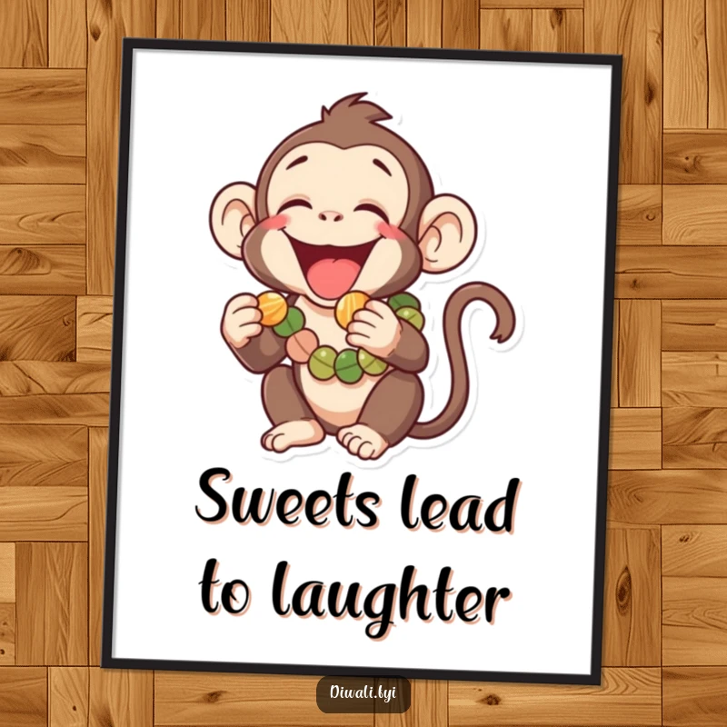 Funny poster print of a laughing monkey wearing a garland, playfully attempting to eat a tiny sweet, bringing vibrant joy and whimsical charm.