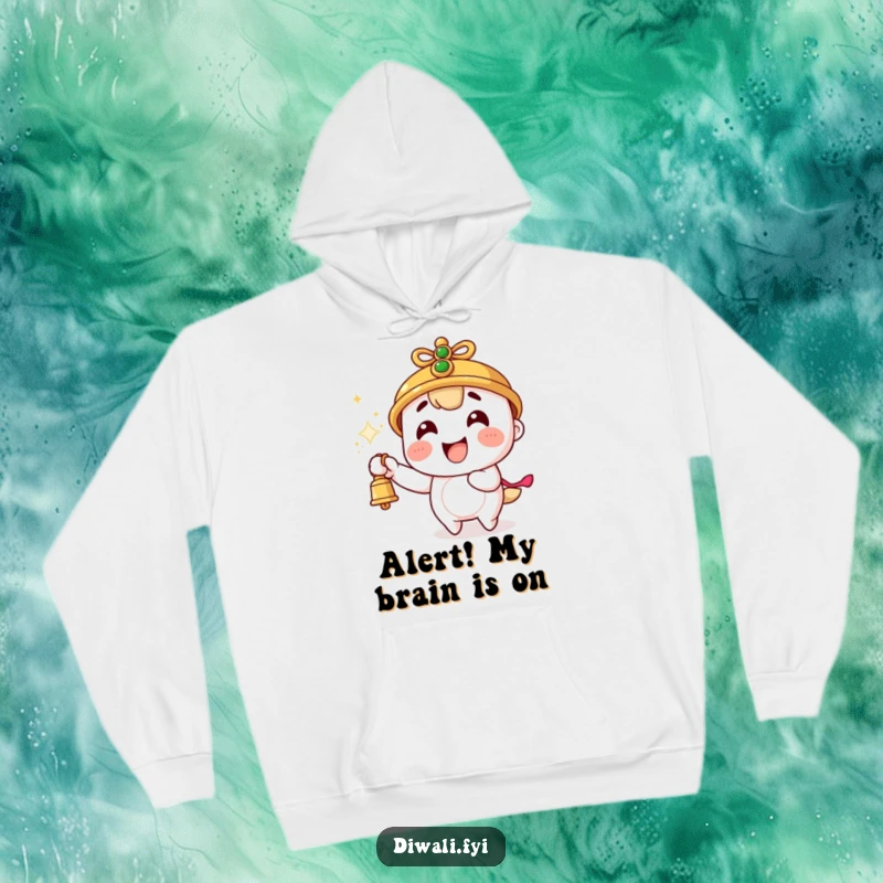 Funny hoodie featuring a character gleefully ringing a bell, with colorful sparks erupting, symbolizing pure, unadulterated joy.