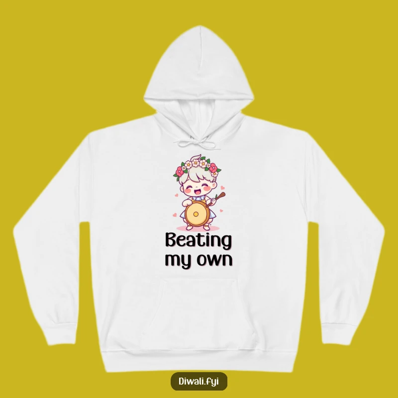 Funny Cozy Hoodie: Drummer Character With Garland, Festive Music Gift