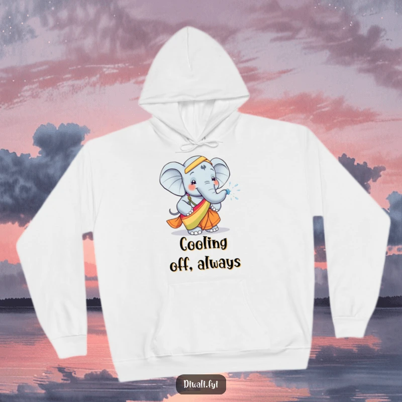 Funny hoodie displaying a happy elephant in a vibrant sari, playfully spraying water, offering warmth and cheerful vibes with every wear.