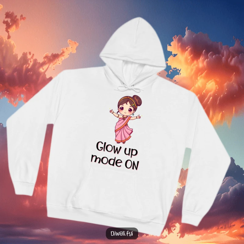Funny hoodie featuring a cute character in a vibrant sari, dancing joyfully with sparklers.