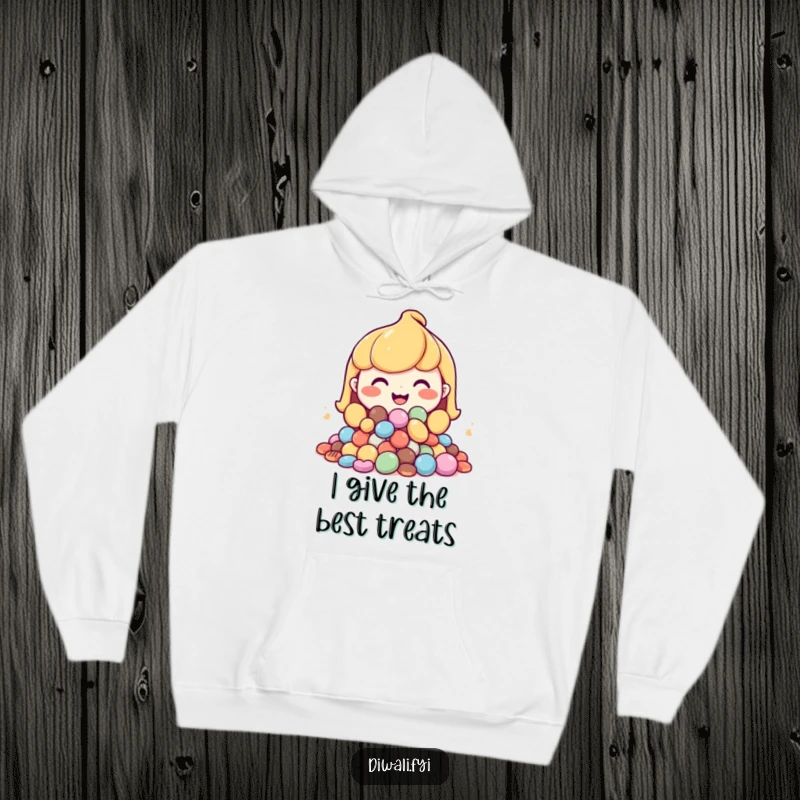 Funny hoodie with a happy character sporting a huge grin, holding out a generous pile of sweets.