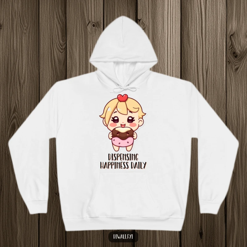 Funny hoodie showcasing a joyful character holding out a delicious sweet treat, designed for ultimate comfort and a good laugh.