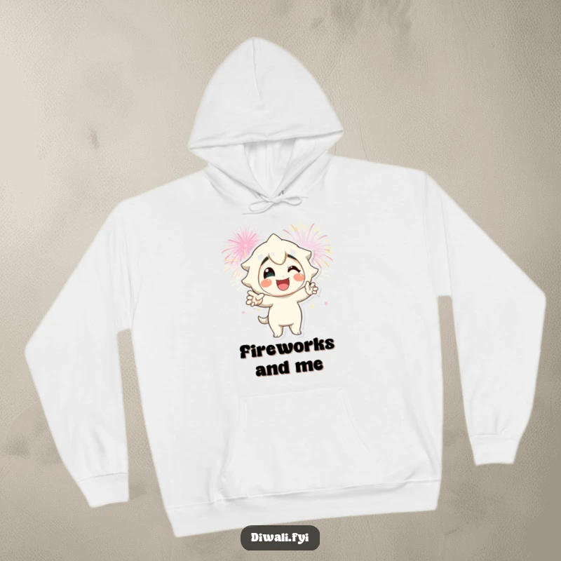 Funny fireworks pose hoodie featuring a smiling character in a striking pose with fireworks, perfect for cozy celebration.