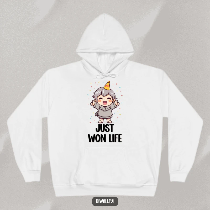 Funny Celebration Hoodie: A cheerful character strikes a dynamic pose with confetti, ready for a fun-filled celebration.