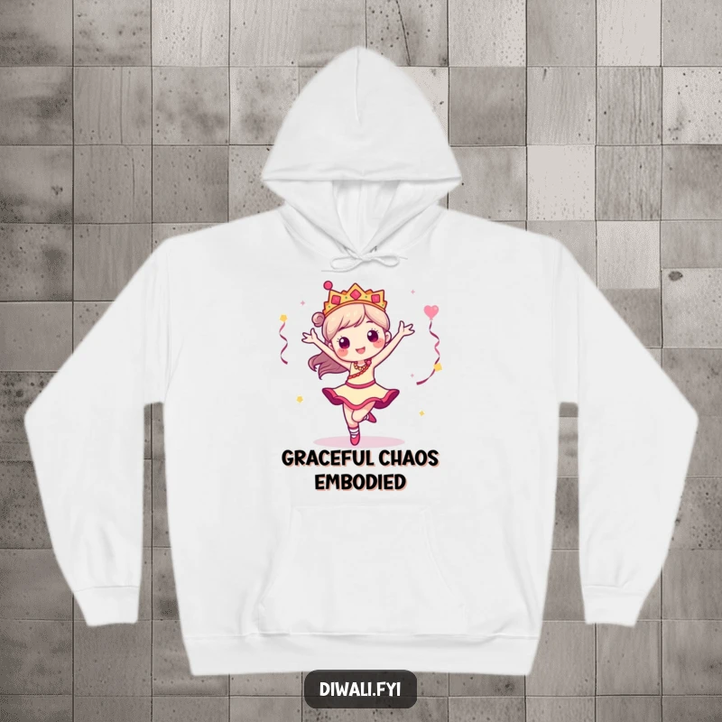 Funny hoodie featuring a dynamic dancer character mid-pirouette, offering warmth and a stylish tribute to the art of dance.