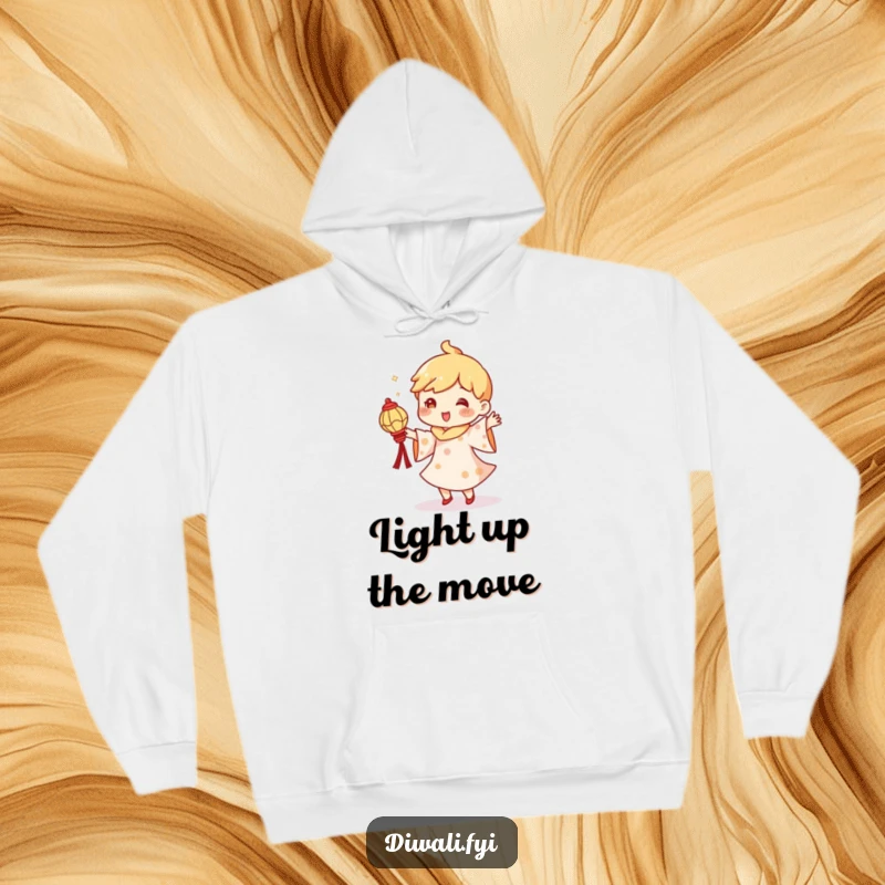 Funny hoodie featuring a character in a joyful, silly dance pose, tenderly holding a small, glowing diya lantern.